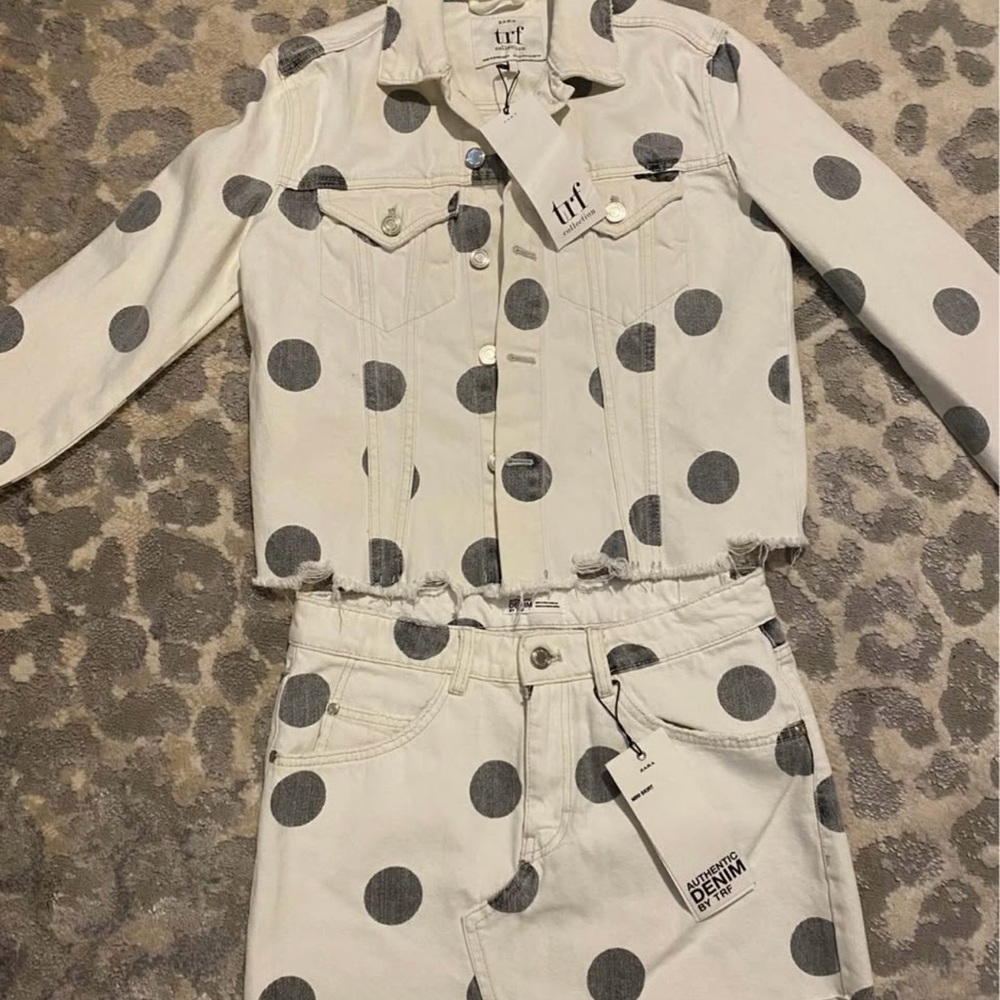 Zara Woman’s Polka Dot Jacket and Skirt Set - White and Gray